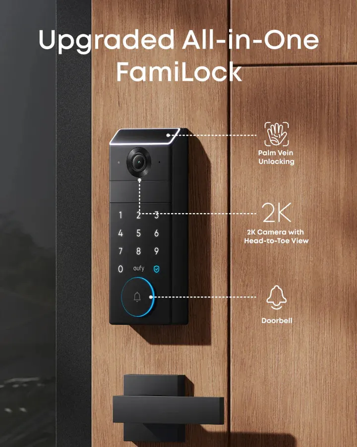 FamiLock S3 Max installed on a wooden door, showing palm scanner, 2K camera and doorbell button