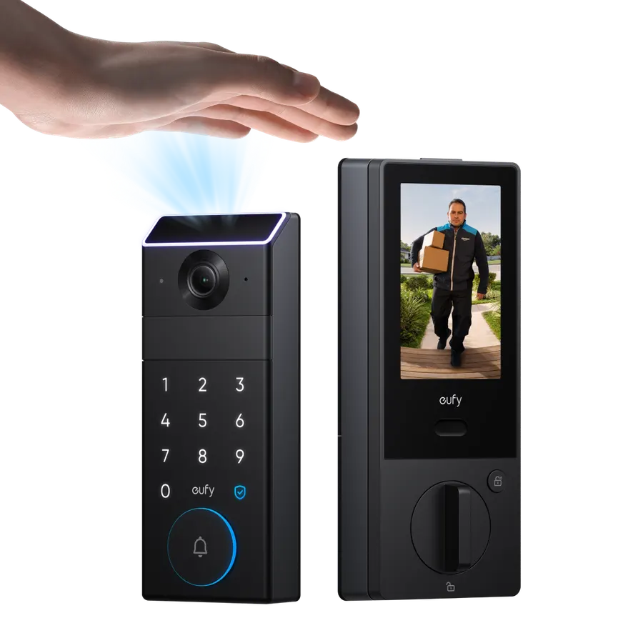 eufy FamiLock S3 Max smart lock: exterior keypad unit with camera and palm scanner next to the interior unit with a 4-inch video screen