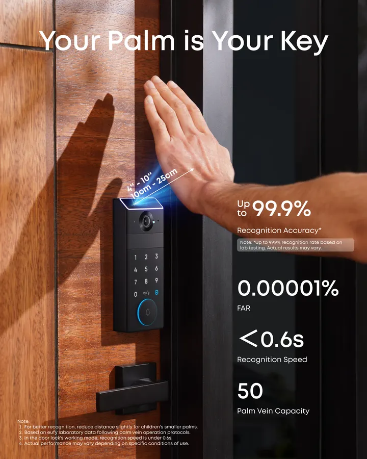 Hand held in front of the eufy FamiLock S3 Max palm vein scanner on a wooden front door