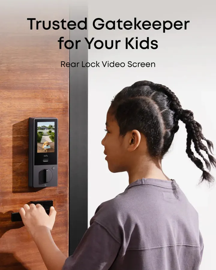 Child checking the indoor 4-inch video screen of the FamiLock S3 Max before opening the door
